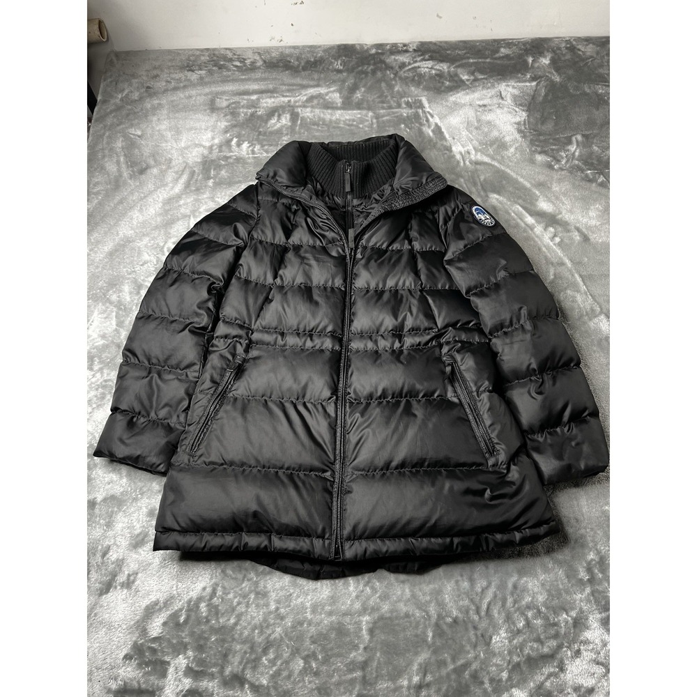 Lands End Women Size Medium Down Puffer Black Mid Length Quilted Jacket